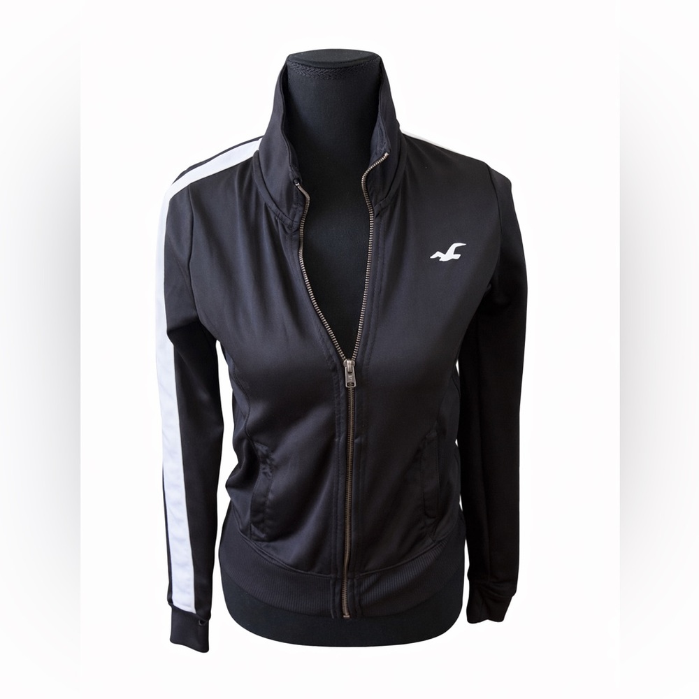 Hollister Black Track Jacket XS White Stripe Zip Up Y2K Athleisure